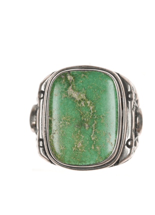 sz10.25 c1940's Navajo hand stamped silver ring with large green turquoise - Estate Fresh Austin