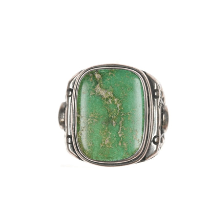 sz10.25 c1940's Navajo hand stamped silver ring with large green turquoise - Estate Fresh Austin
