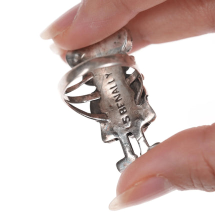 sz10.25" c1970's LS Benally Navajo silver kachina ring with turquoise/coral - Estate Fresh Austin