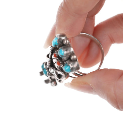 sz10.25" c1970's LS Benally Navajo silver kachina ring with turquoise/coral - Estate Fresh Austin