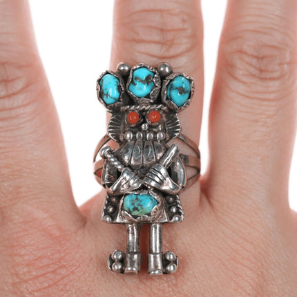 sz10.25" c1970's LS Benally Navajo silver kachina ring with turquoise/coral - Estate Fresh Austin