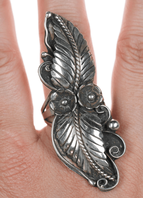 sz10.25" long Native American silver feather and blossom ring - Estate Fresh Austin