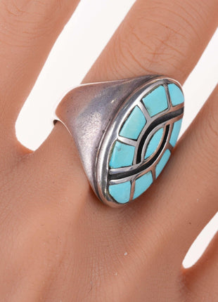 sz10.25 Zuni Sterling and turquoise hummingbird inlay ring - Estate Fresh Austin