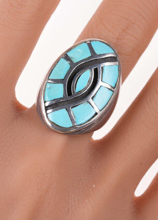 sz10.25 Zuni Sterling and turquoise hummingbird inlay ring - Estate Fresh Austin