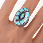 sz10.25 Zuni Sterling and turquoise hummingbird inlay ring - Estate Fresh Austin