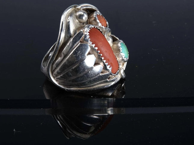 Sz10.5 29 Gram Navajo Sterling Turquoise/Coral ring - Estate Fresh Austin
