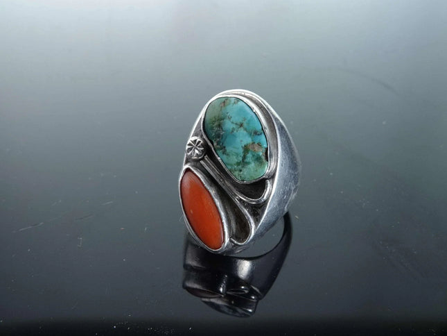 sz10.5 29.8 Gram Old Pawn Navajo Sterling Coral/Turquoise Men's Ring - Estate Fresh Austin