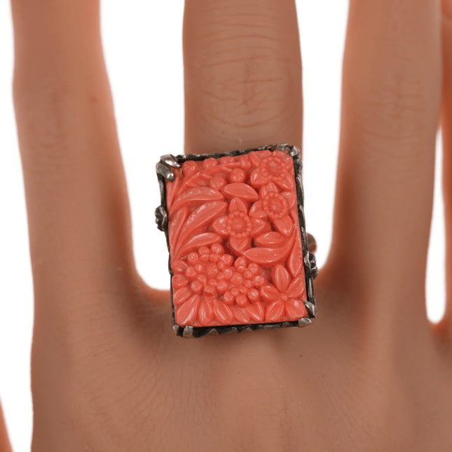 sz10.5 c1920's Art Deco Sterling Faux Coral Molded Glass ring - Estate Fresh Austin
