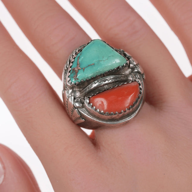 sz10.5 Huge vintage Native American sterling, turquoise, and coral ring - Estate Fresh Austin