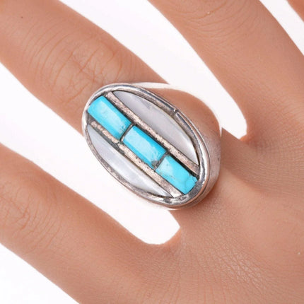sz10.5 Zuni sterling Silver turquoise/shell Cobblestone inlay ring - Estate Fresh Austin