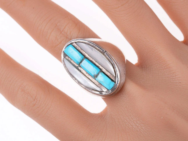 sz10.5 Zuni sterling Silver turquoise/shell Cobblestone inlay ring - Estate Fresh Austin
