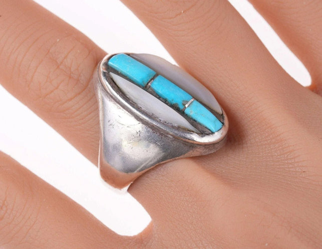 sz10.5 Zuni sterling Silver turquoise/shell Cobblestone inlay ring - Estate Fresh Austin