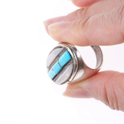 sz10.5 Zuni sterling Silver turquoise/shell Cobblestone inlay ring - Estate Fresh Austin