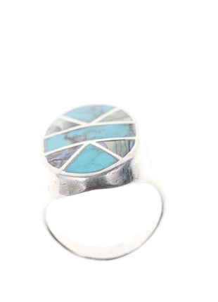 Sz10.5 Native American Sterling Channel inlay turquoise/shell ring - Estate Fresh Austin