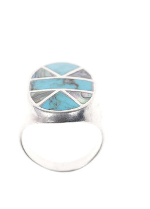 Sz10.5 Native American Sterling Channel inlay turquoise/shell ring - Estate Fresh Austin