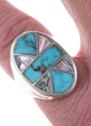 Sz10.5 Native American Sterling Channel inlay turquoise/shell ring - Estate Fresh Austin