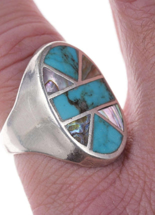 Sz10.5 Native American Sterling Channel inlay turquoise/shell ring - Estate Fresh Austin