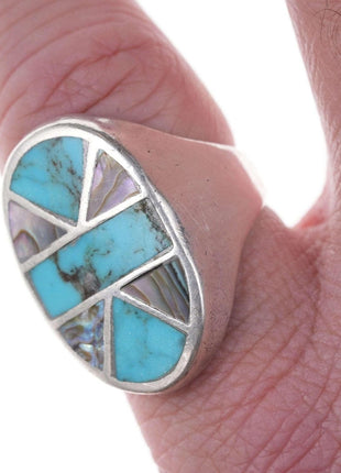 Sz10.5 Native American Sterling Channel inlay turquoise/shell ring - Estate Fresh Austin