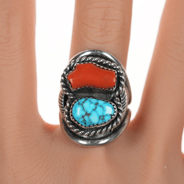 sz10.5 P Native American silver, high grade turquoise, and coral ring - Estate Fresh Austin