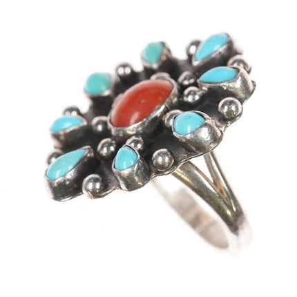 sz10.5 Sterling, turquoise, and coral cluster ring - Estate Fresh Austin