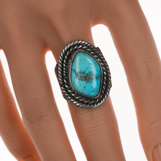 sz10.5 Vintage Navajo silver and turquoise ring with rope border - Estate Fresh Austin