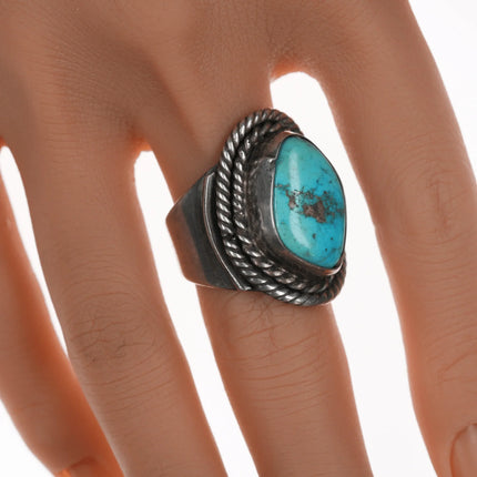 sz10.5 Vintage Navajo silver and turquoise ring with rope border - Estate Fresh Austin