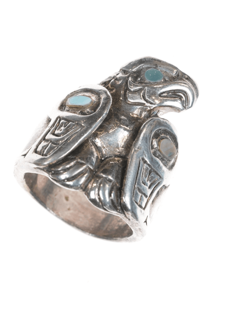 sz10.75 Patty Fawn, Cherokee/Kwakiutl Tribe silver ring with abalone inlay - Estate Fresh Austin