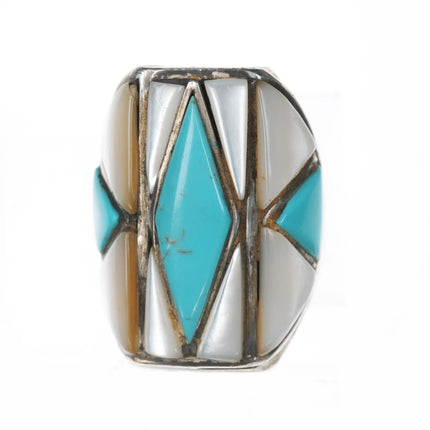 sz11 Large MT Zuni Silver, turquoise, and coral channel inlay ring - Estate Fresh Austin