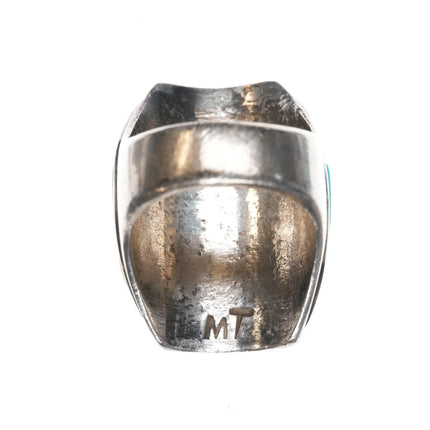 sz11 Large MT Zuni Silver, turquoise, and coral channel inlay ring - Estate Fresh Austin