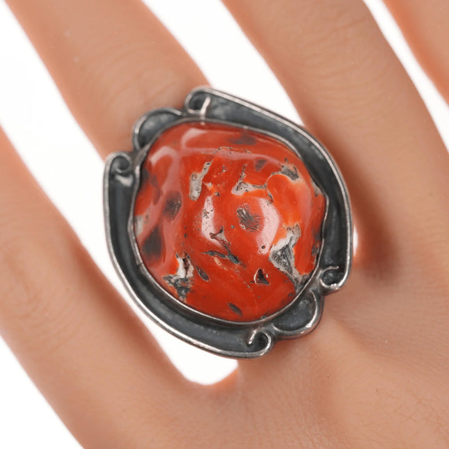 sz11 Large Vintage Native american silver and coral ring - Estate Fresh Austin