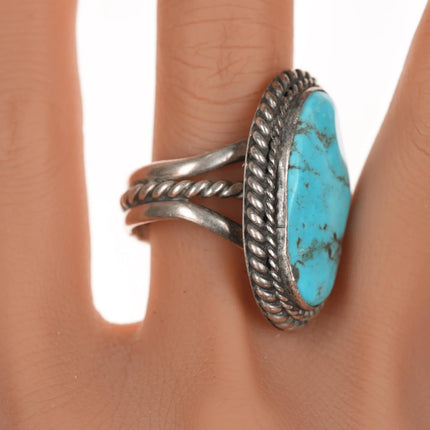 Sz11 Vintage Native American silver and turquoise ring with rope edge - Estate Fresh Austin