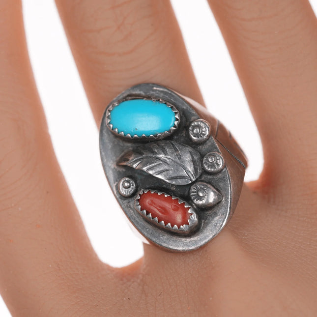 sz11 Vintage Native American turquoise and coral silver ring - Estate Fresh Austin