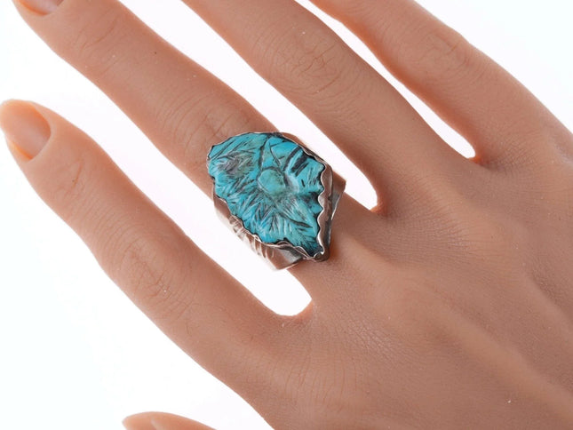 Sz11 Vintage Navajo Carved Turquoise and sterling ring - Estate Fresh Austin