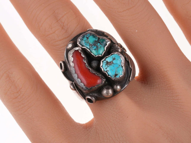 sz11 Vintage Navajo Sterling turquoise and coral ring - Estate Fresh Austin
