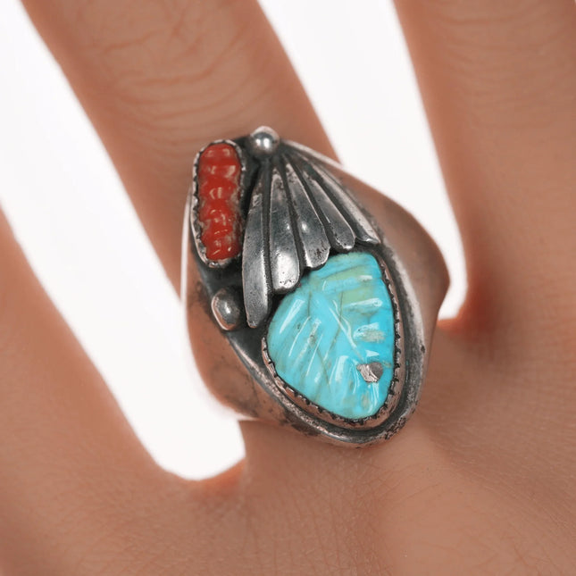 sz11 Vintage Zuni carved turquoise and coral silver ring - Estate Fresh Austin