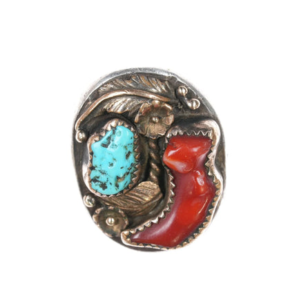 sz11.25 1970's Navajo sterling turquoise/coral gold filled top ring - Estate Fresh Austin