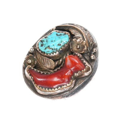 sz11.25 1970's Navajo sterling turquoise/coral gold filled top ring - Estate Fresh Austin