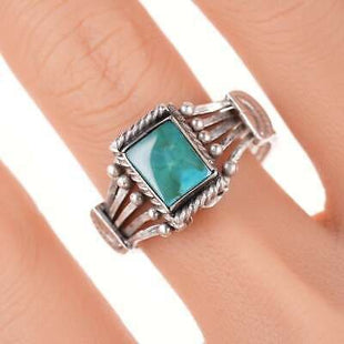 sz11.5 30's - 40's Navajo puzzle ring silver and turquoise - Estate Fresh Austin