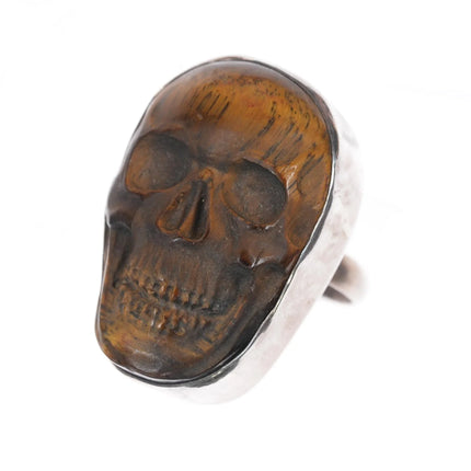 sz11.5 Adjustable Vintage Sterling Carved Tiger's Eye skull ring - Estate Fresh Austin