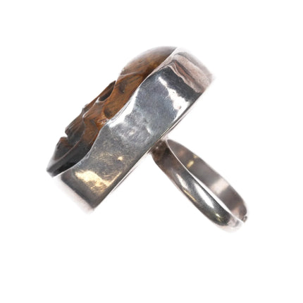 sz11.5 Adjustable Vintage Sterling Carved Tiger's Eye skull ring - Estate Fresh Austin