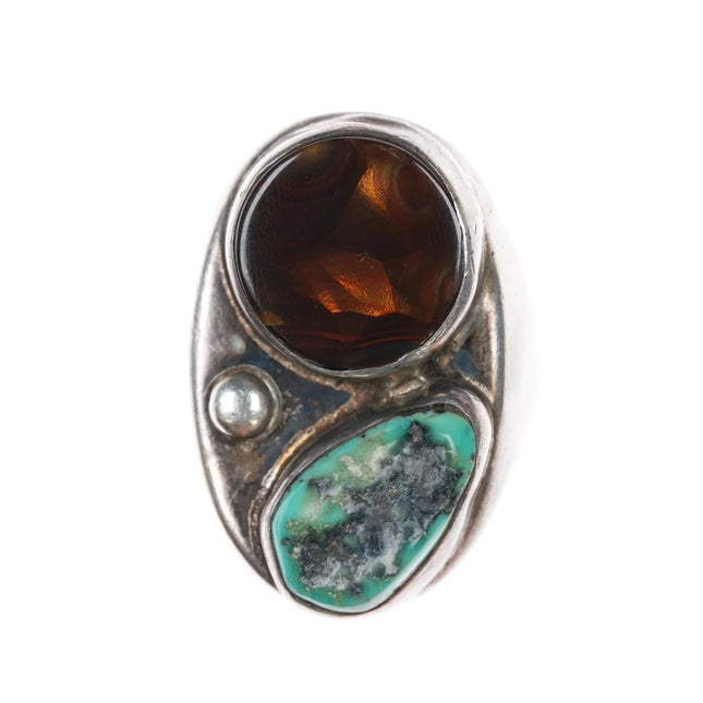 sz11.75 1970's Navajo sterling turquoise, fire agate ring - Estate Fresh Austin
