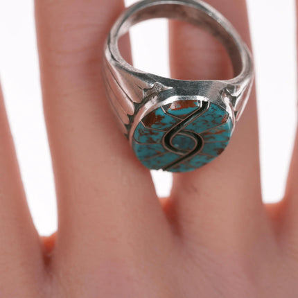 sz11.75 Cecil Lee Navajo Silver High grade turquoise hummingbird channel inlay ring - Estate Fresh Austin