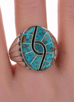 sz11.75 Cecil Lee Navajo Silver High grade turquoise hummingbird channel inlay ring - Estate Fresh Austin