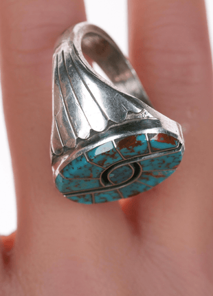 sz11.75 Cecil Lee Navajo Silver High grade turquoise hummingbird channel inlay ring - Estate Fresh Austin