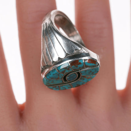 sz11.75 Cecil Lee Navajo Silver High grade turquoise hummingbird channel inlay ring - Estate Fresh Austin
