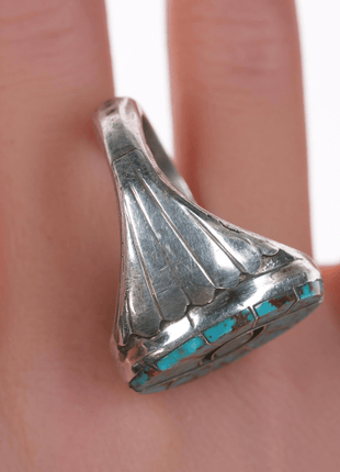 sz11.75 Cecil Lee Navajo Silver High grade turquoise hummingbird channel inlay ring - Estate Fresh Austin