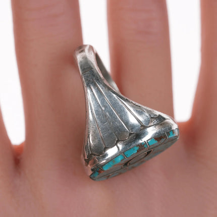 sz11.75 Cecil Lee Navajo Silver High grade turquoise hummingbird channel inlay ring - Estate Fresh Austin