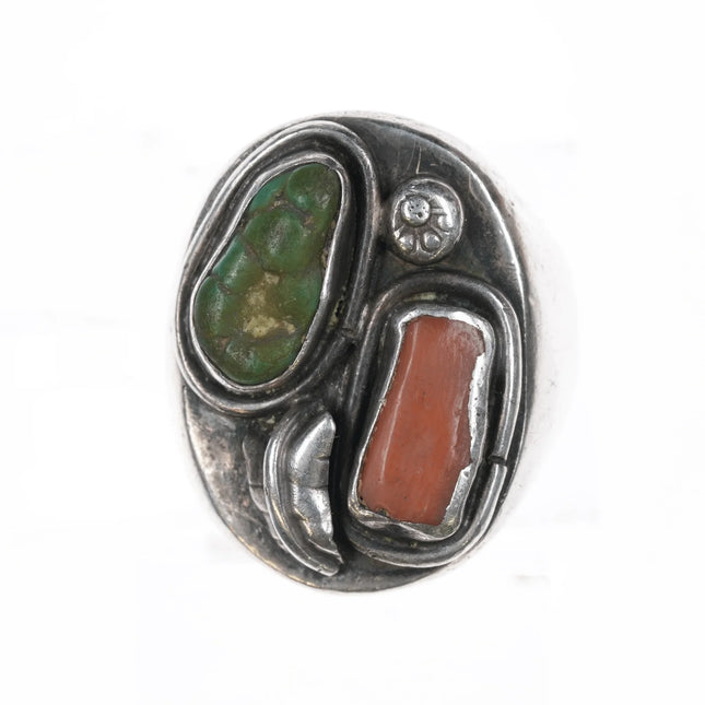 sz11.75 SD Navajo silver turquoise, and coral ring - Estate Fresh Austin