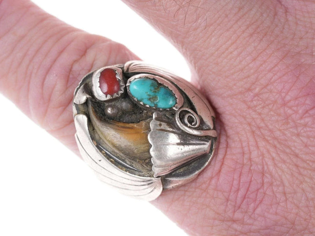 sz12 c1960's Navajo sterling, coral, and turquoise ring - Estate Fresh Austin