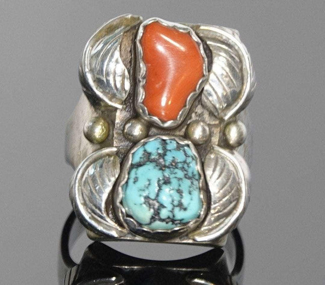 Sz12 Navajo Sterling and Turqoise Coral Mens Ring Large Chunky - Estate Fresh Austin
